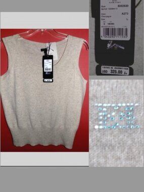 NWT Escada sleeveless cashmere sweater L $325 Beige Swarovski logo on back Shell